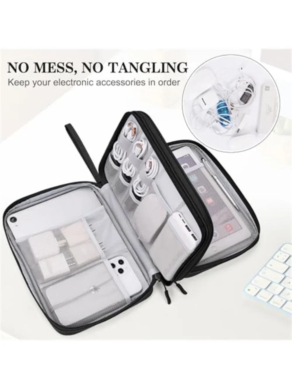 Extra Large Electronic Cable Organizer Bag Travel Cord Storage Pouch iPad Black